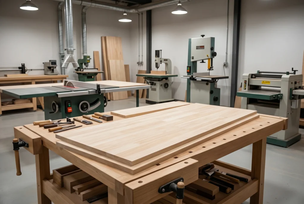 rubberwood hout verwerking meubelproductie gelamineerd paneel werkplaats