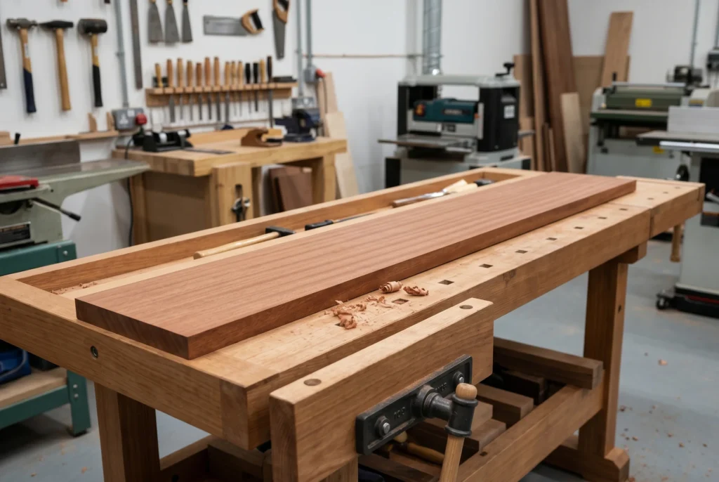 sapelli hout verwerking werkplaats geschaafd profiel kozijnhout mahonie