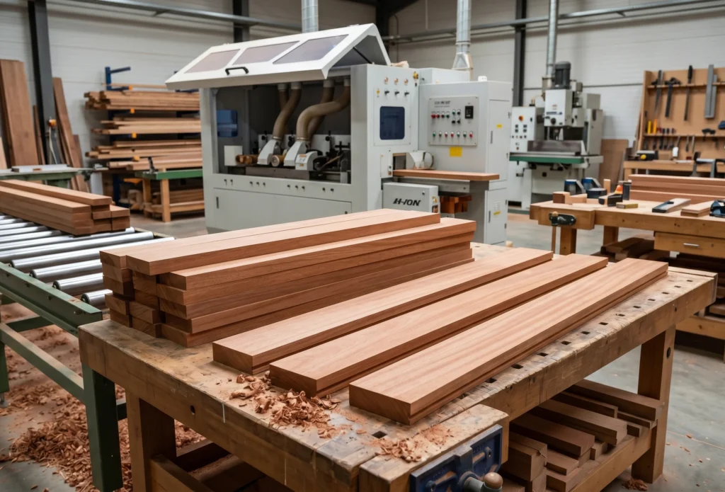 sipo hout verwerking kozijnprofiel geschaafd mahonie werkplaats productie