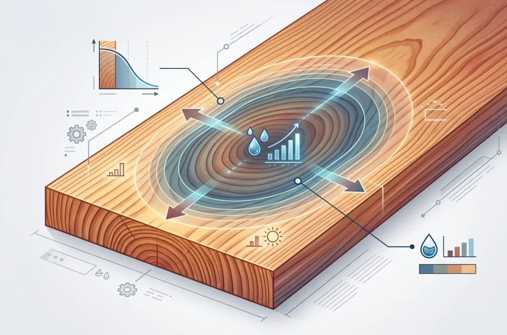 hout vochtgehalte doorsnede rand kern vezelverzadigingspunt technisch schema