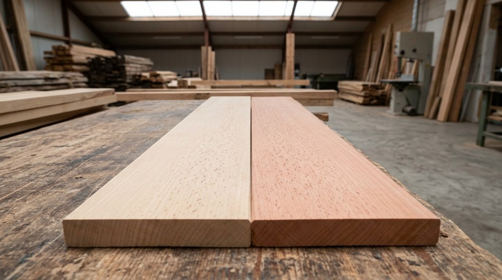 Vergelijking van blank ongestoomd Europees beukenhout en warm rozebruin gestoomd beukenhout met fijne spiegeltjes