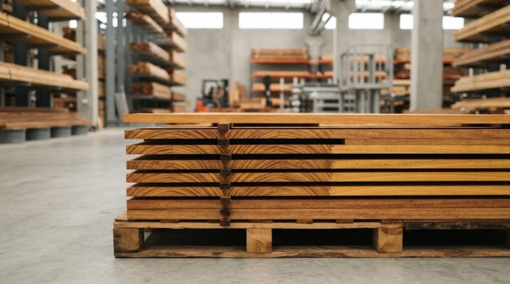 bilinga hardhout planken met oranjegele kleur en kruisdraad in een magazijn