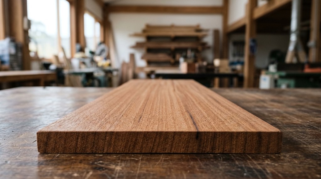 Geschaafde kapur hardhouten planken met roodbruin kernhout en fijne tangentiale lijntjes op een werkbank