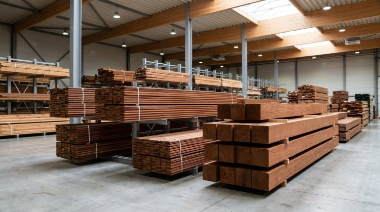 Geschaafde roodbruine kapur hardhouten vlonderplanken en balken opgestapeld in het magazijn van Houtplex