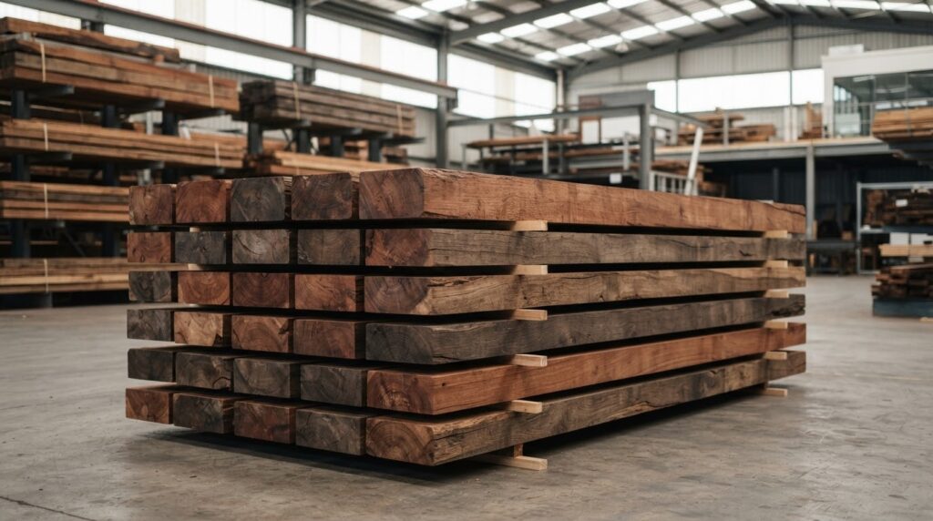 keruing hout balken met roodbruine kleur gestapeld in een houtmagazijn