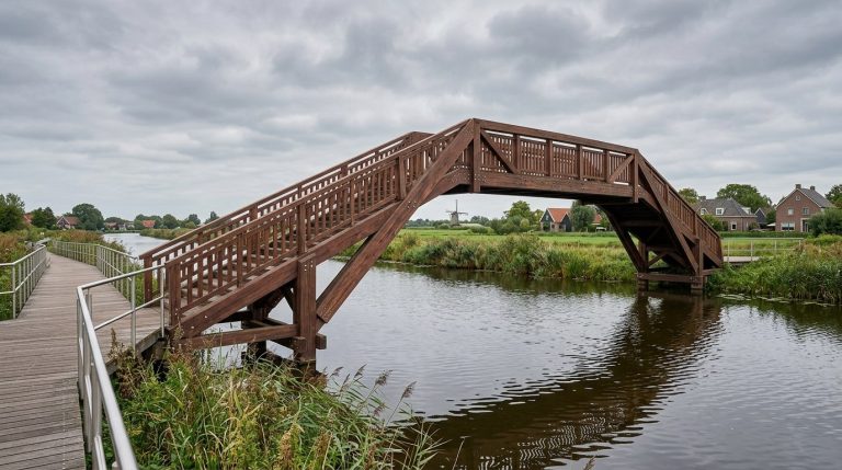 Zwaar uitgevoerd houten brugdek en vlonder van roodbruin mukulungu hardhout boven het water