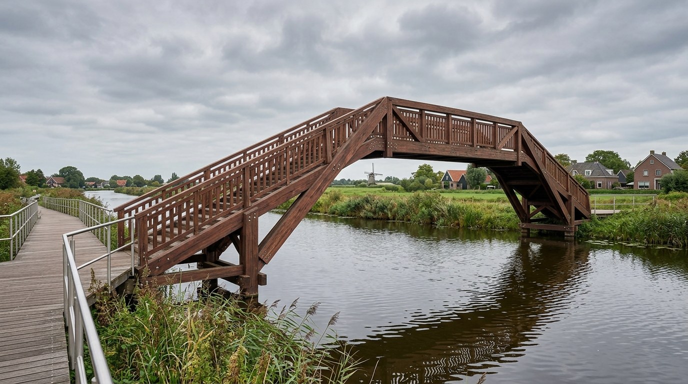 Zwaar uitgevoerd houten brugdek en vlonder van roodbruin mukulungu hardhout boven het water