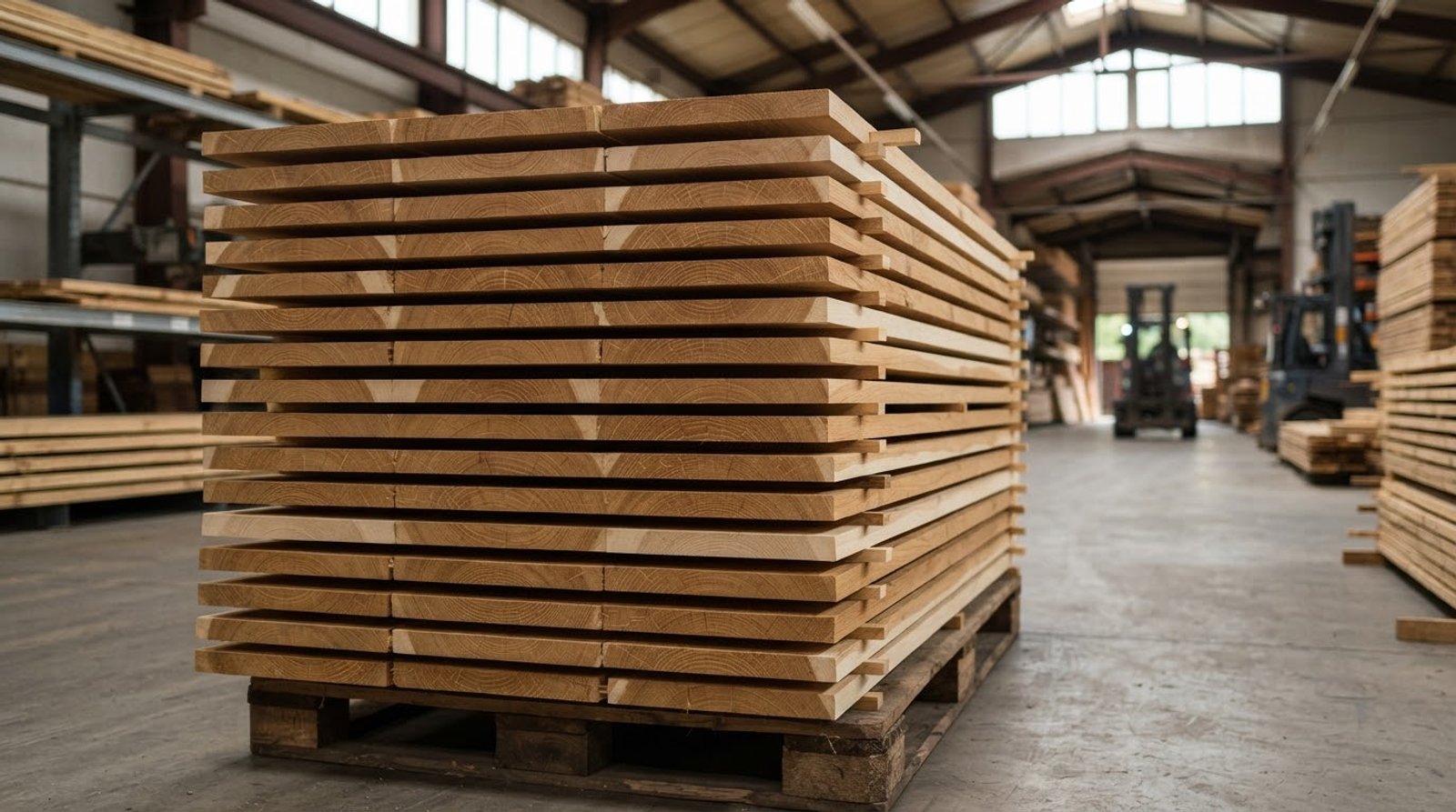 eiken hout planken met geelbruin kernhout en lichte nerf in een houtmagazijn
