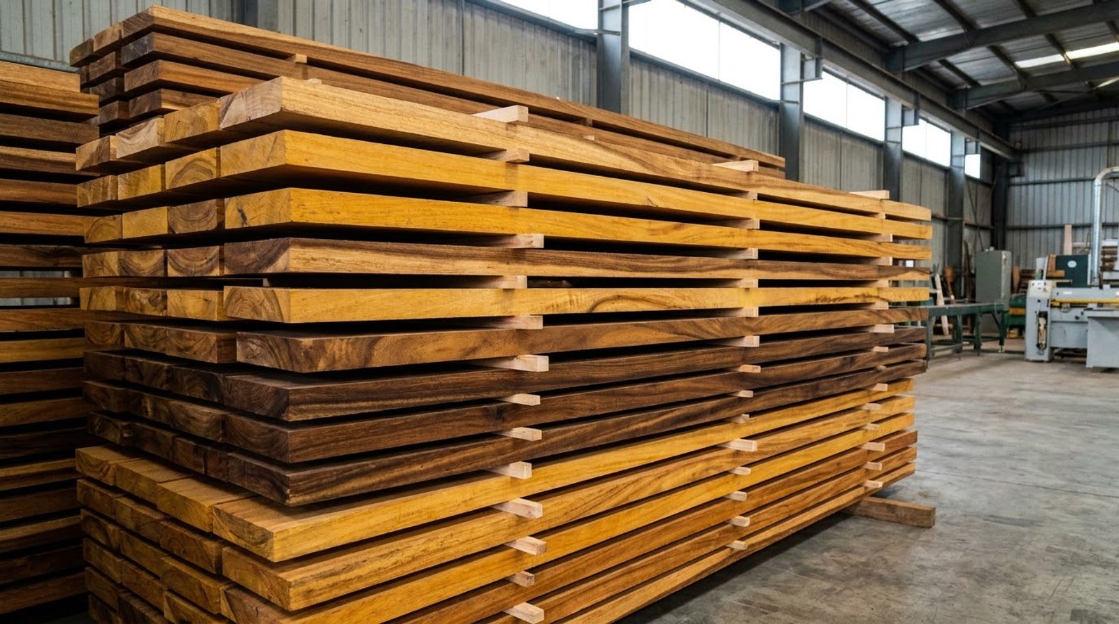 sapupira hout planken met geel-oranjebruin kernhout in een houtmagazijn